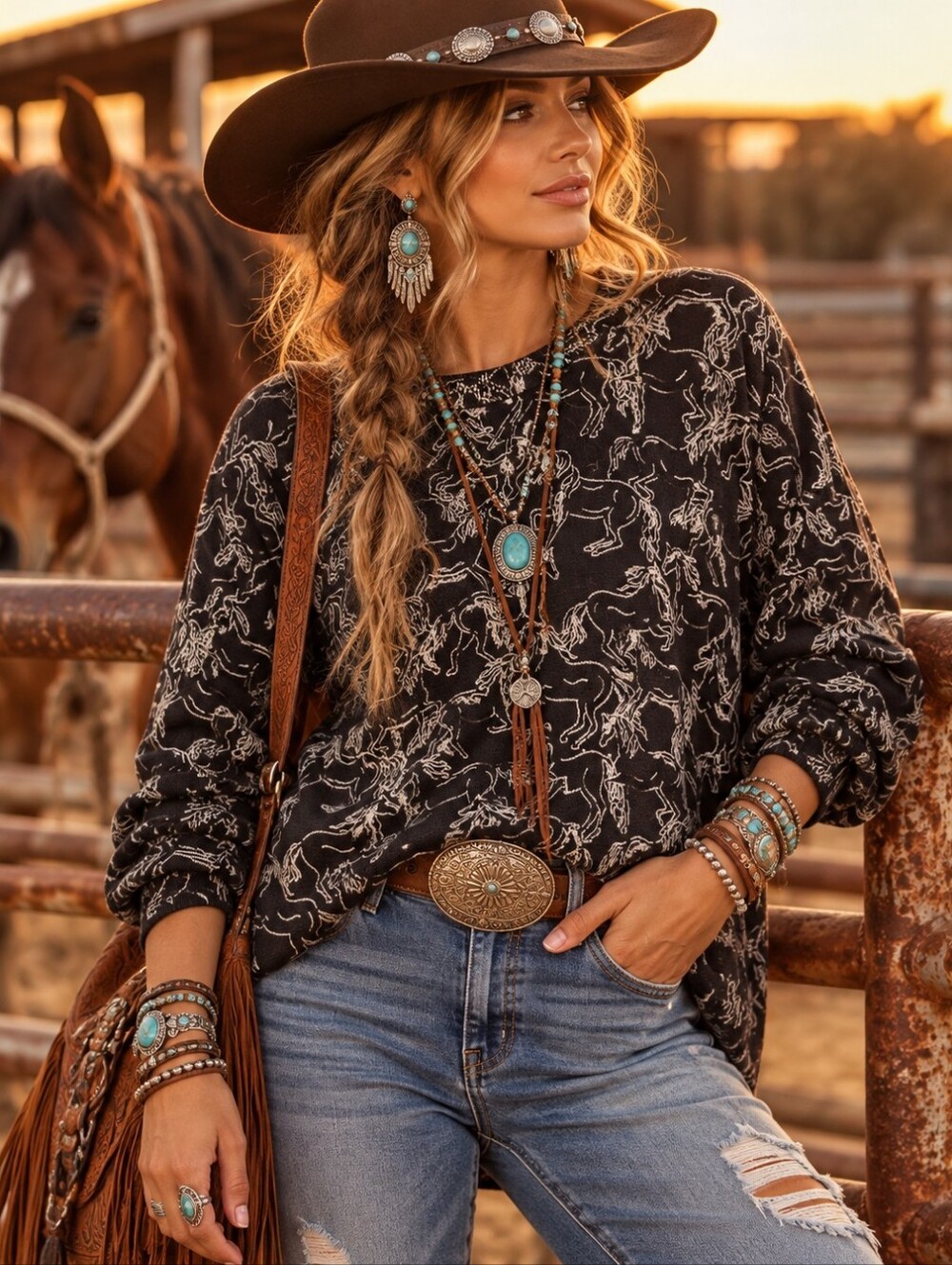 Wonderly NWT XL Black Horse Print Cotton Western Cowgirl Sweater